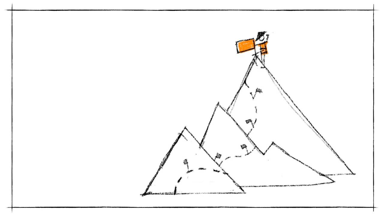 Sketch of a mountain climber symbolising finding your one priority in prioritisation training to identify important work and life goals.