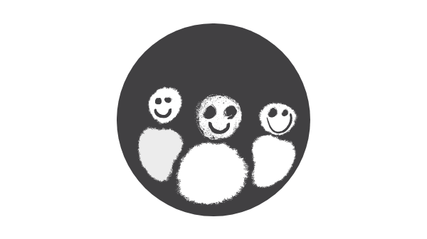 Black and white icon of three smiling faces representing satisfied clients of Spacemakers, including high-profile businesses